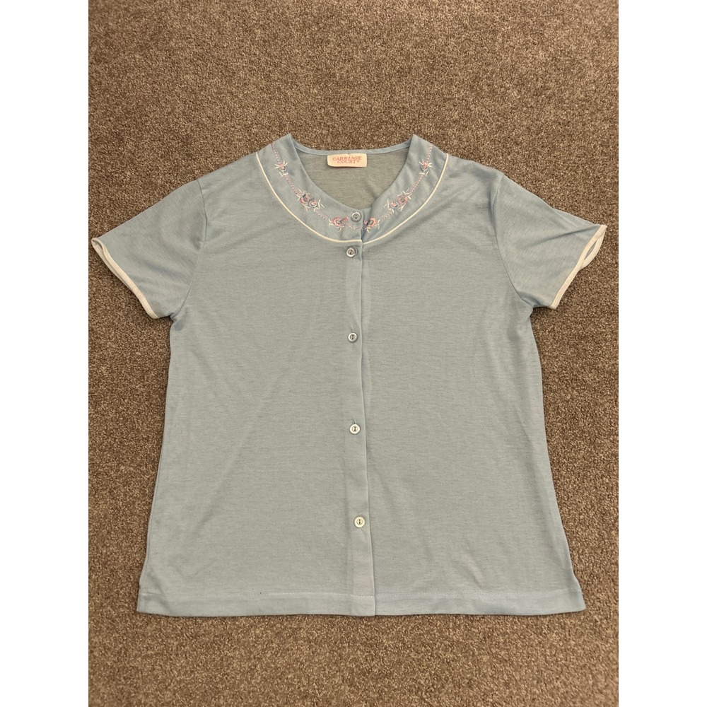 Carriage Court Pajama Top Womens Medium Blue Excellent Embroidered Pointelle